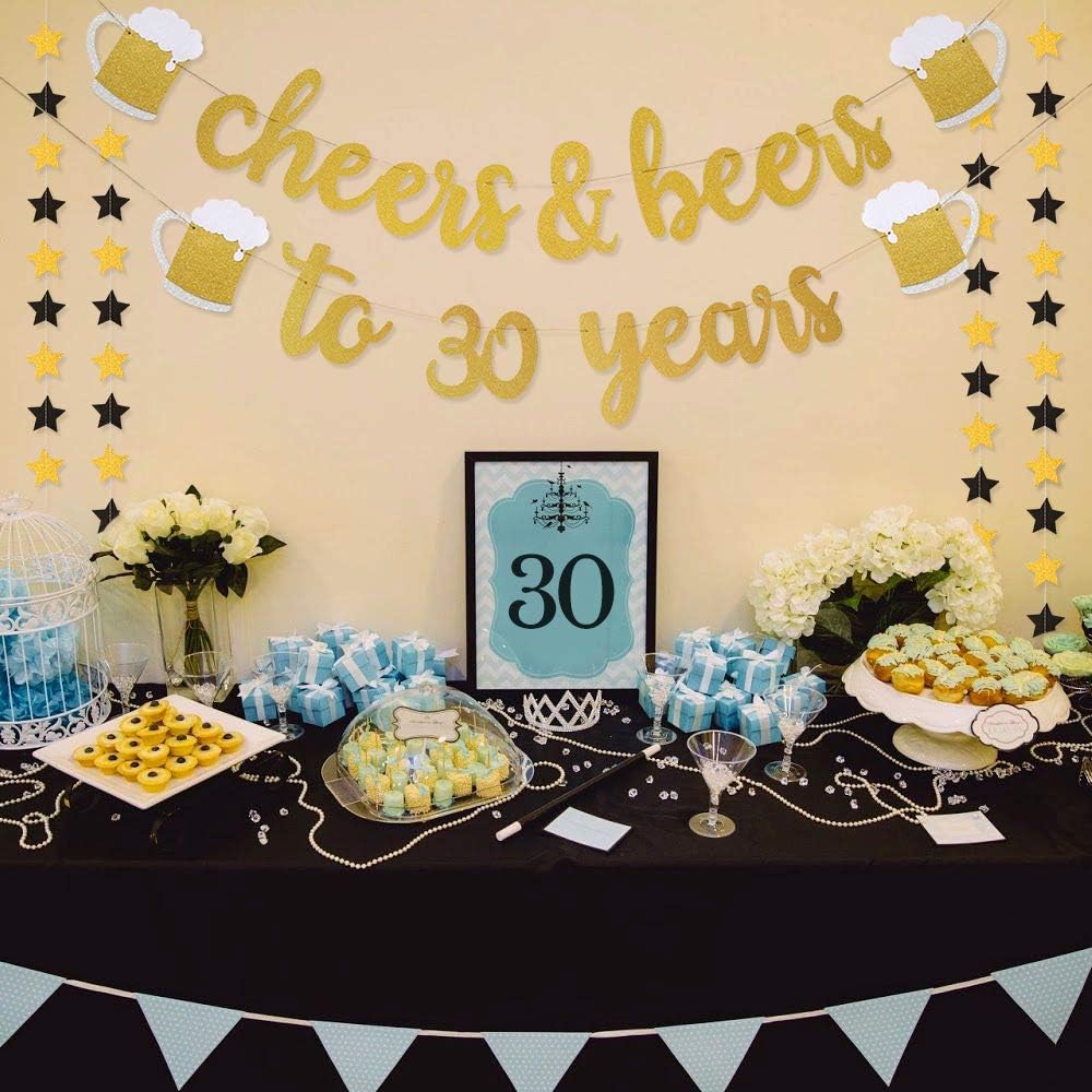 Cheers & Beers to 30 Years Gold Glitter Banner - 30th Birthday Decorations for Him/Her - 30th Birthday Gifts - 30 Years Anniversary Decorations -