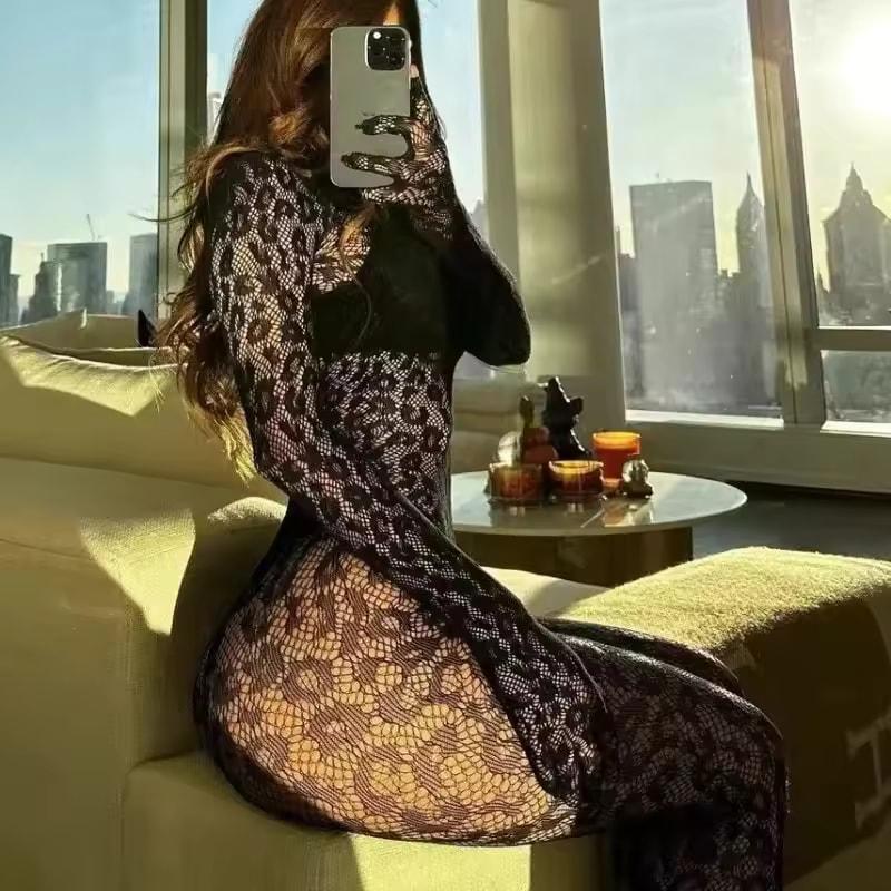 Sexy Hollow Fishnet Teddies Bodysuit Women Erotic Crotchless Lingerie Full Sleeve Bodystockings Perspective Teddy Mesh Dress