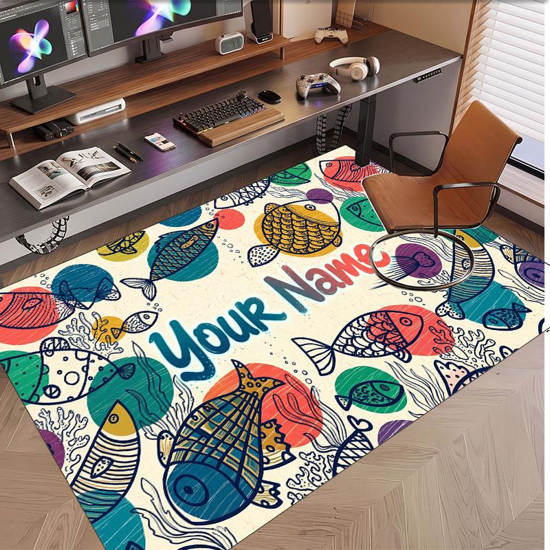 Fish Ocean Theme Soft Crystal Velvet Rug Custom Name & Text Print Non Slip Floor Rug for Bedroom Living Room