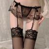 Krajkové podvazkové punčochy a tanga set - Sexy vyšívané průsvitné spodní prádlo