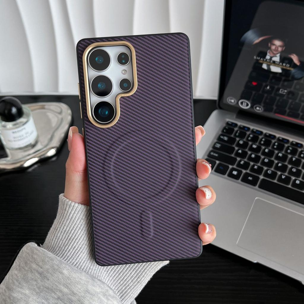 Samsung S25ultra Mobile Phone Case S24plus Kevla Carbon Fiber Pattern Magnetic Suction Belt Metal Lens Ring