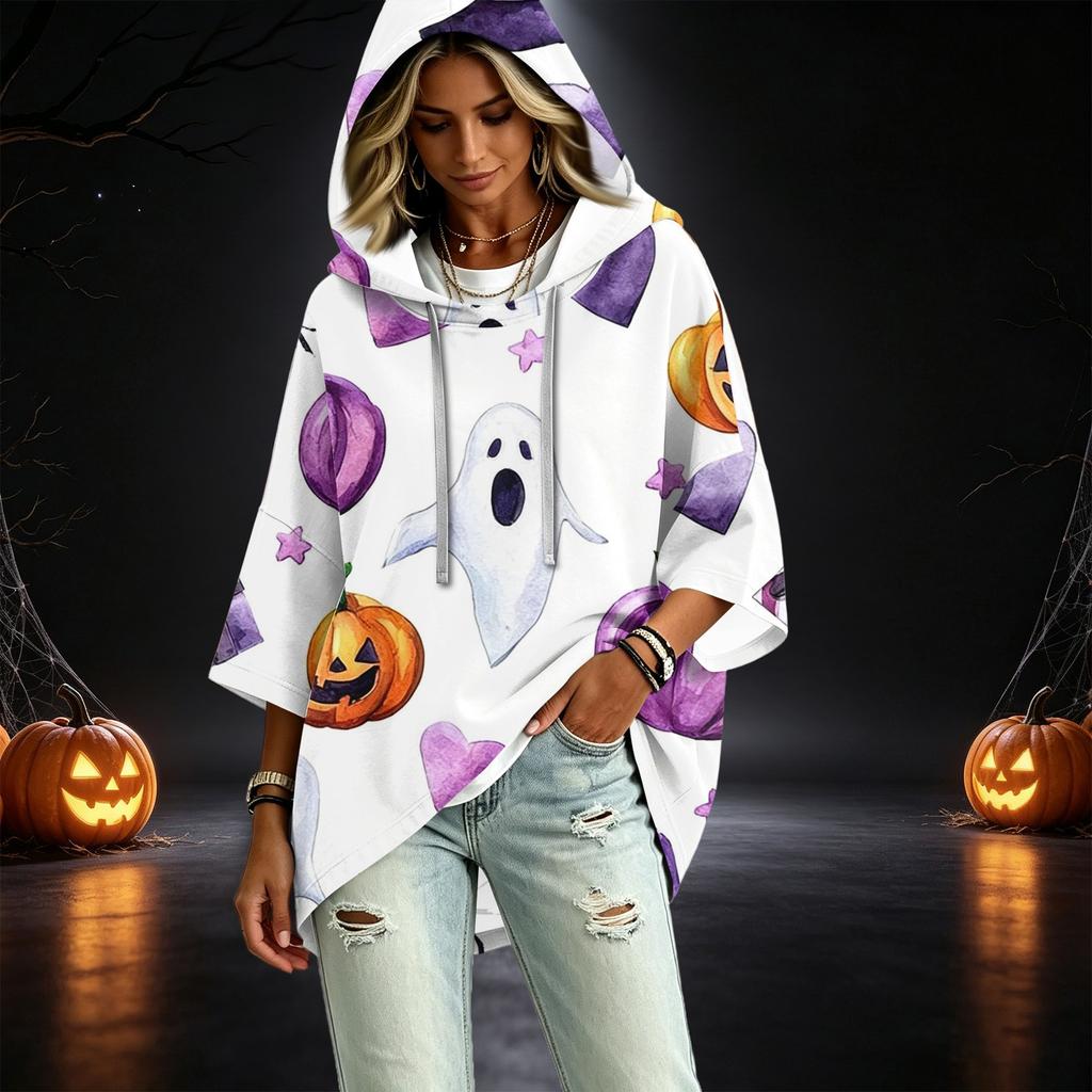 Women's Pullover Hooded Top with Three-Quarter Sleeves and Halloween Print for Costume Party