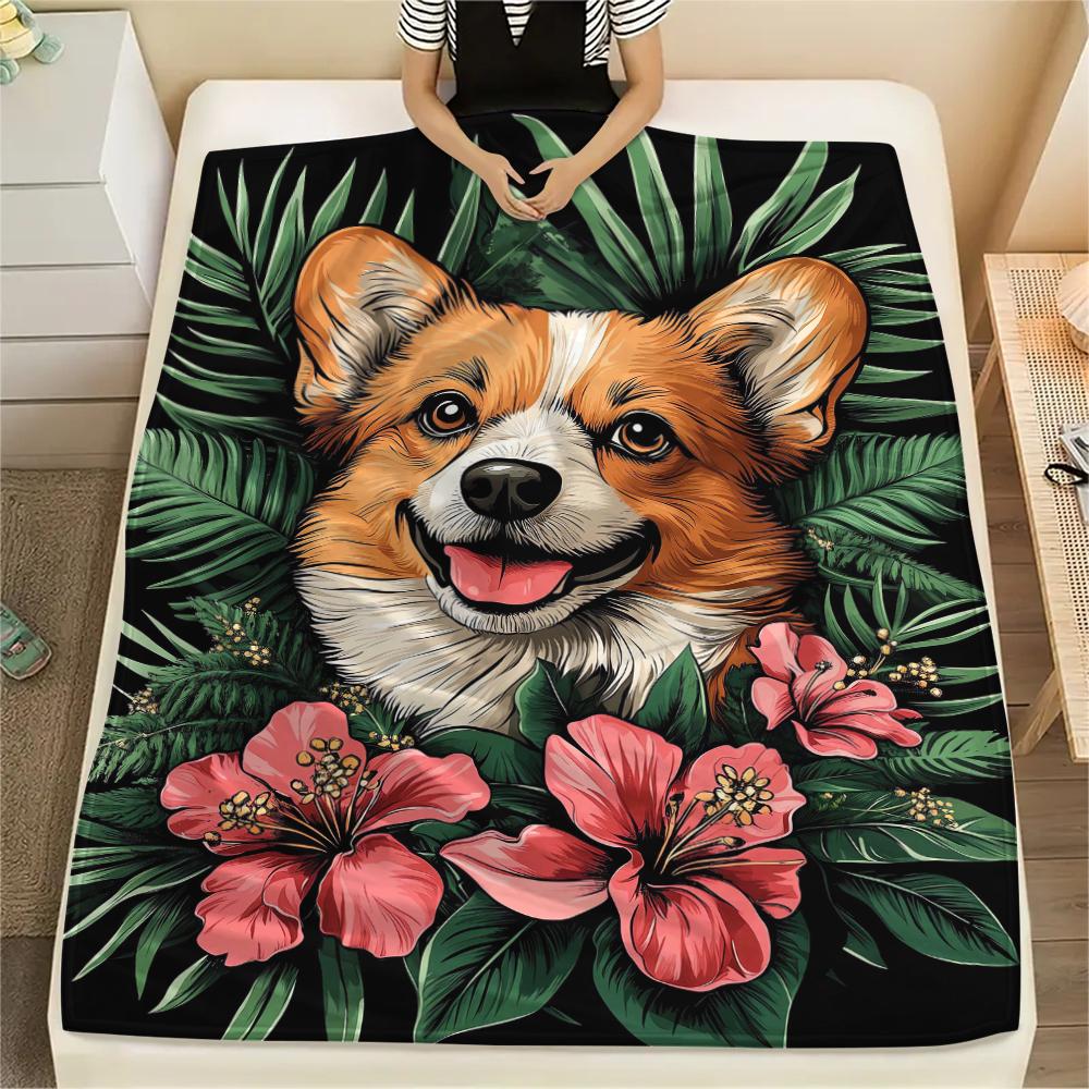 1Pc Corgi Print Flannel Blanket, High quality Comfortable for All Seasons, Home Decor, Warmth and Comfort, Perfect for Christmas Gifts
