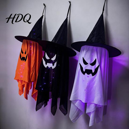 Lighted Ghost Wizard Pendant for Yard Halloween Hanging Decor with Hat LED Light Up Outdoor Decorations Windsock Porch Yard Spooky Fabric