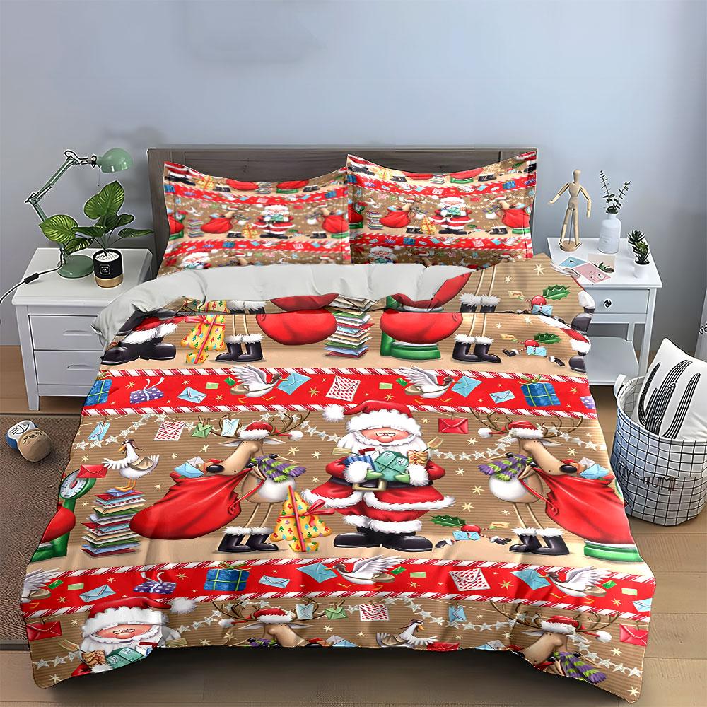 Santa and Reindeer Holiday Print Bedding Duvet Cover Set Duvet Cover Pillowcases  (1*Duvet Cover 2*Pillowcases, without duvet insert)