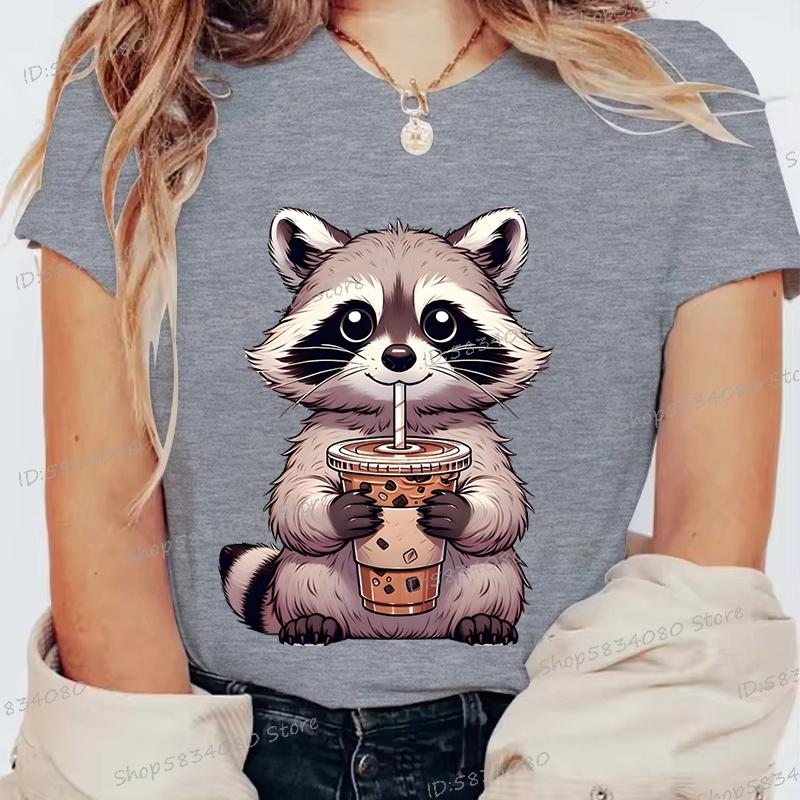 Summer Round Neck 3D Raccoon Pattern Print Top Fashionable Casual Short Sleeved Women's T-shirts