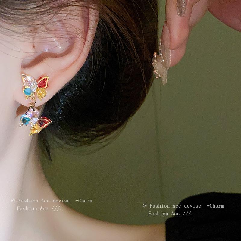 Silver Needle Color Zircon Butterfly Earrings Fashion Niche Temperament Earrings Light Luxury Personality Sweet Cool Wind Earrings Women