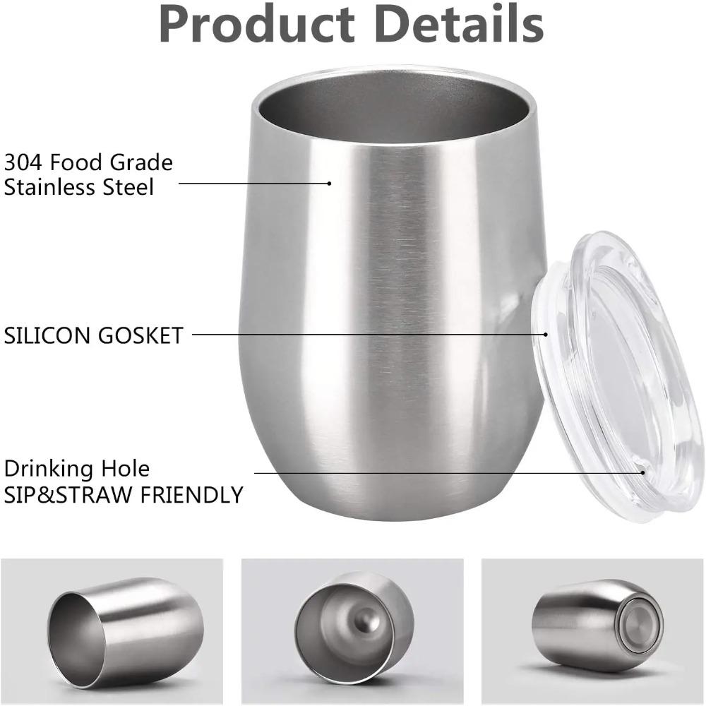 

12 унций Бокал для вина из нержавеющей стали с крышкой, Двустенный вакуумно-изолированный стакан без ножки, Кружка для кофе для холодных и горячих напитков 360ml