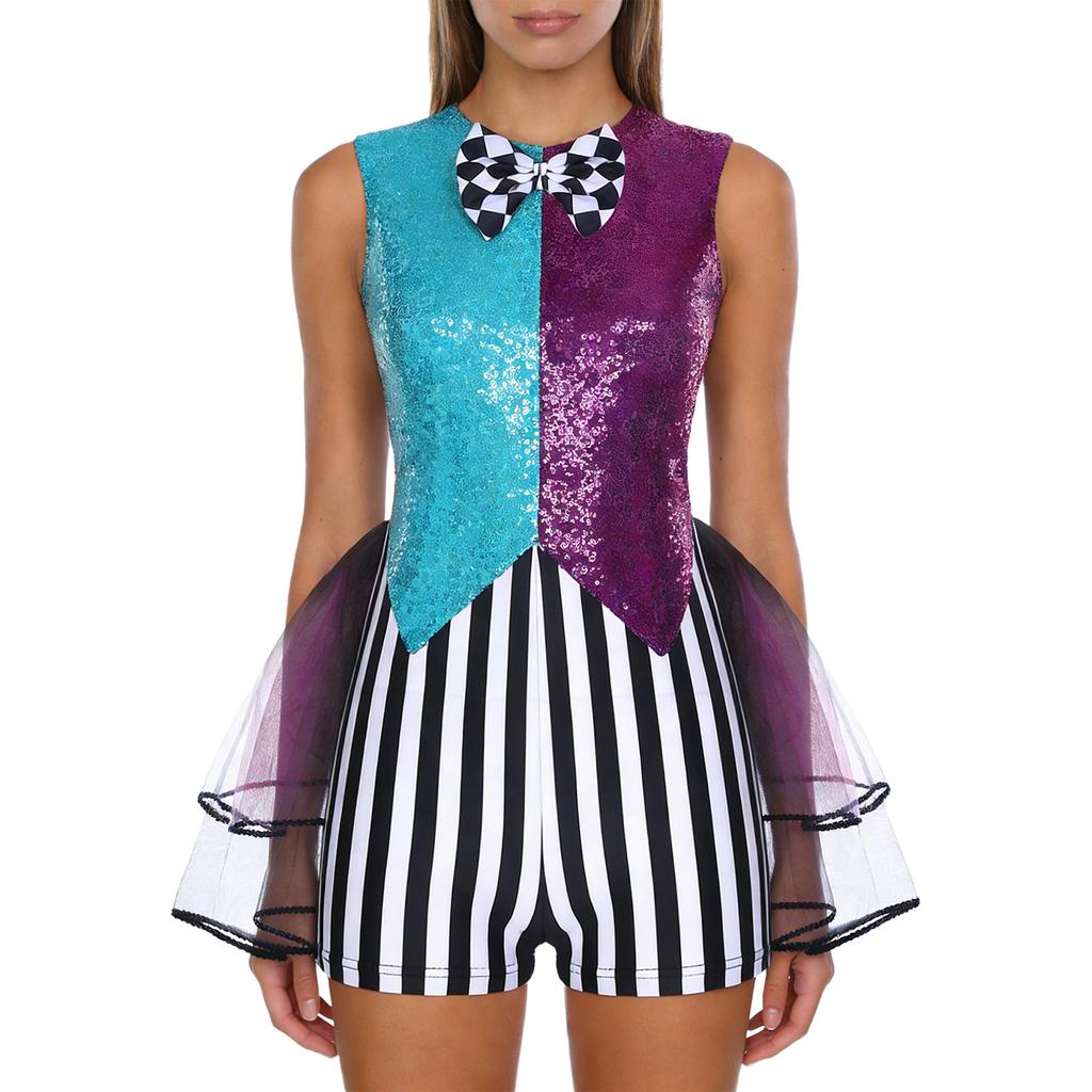 S-3XL Women’s Halloween Jumpsuit: Color Blocking Sequin & Striped Patchwork Checker Bowtie Tiered Tulle Hem Cutout Rompers Mad Costume