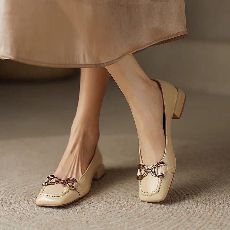 Ladies Shoes Retro Square Toe Leather Loafers for Women 2024 New Spring Fashion Elegant Metal Buckle Female Pumps Zapatos Mujer