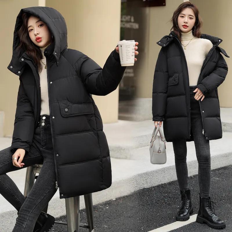 Winter Women Medium Long Jacket Parkas Female Down Cotton Jackets Solid Hooded Casual Warm Parka Female Outwear Overcoat
