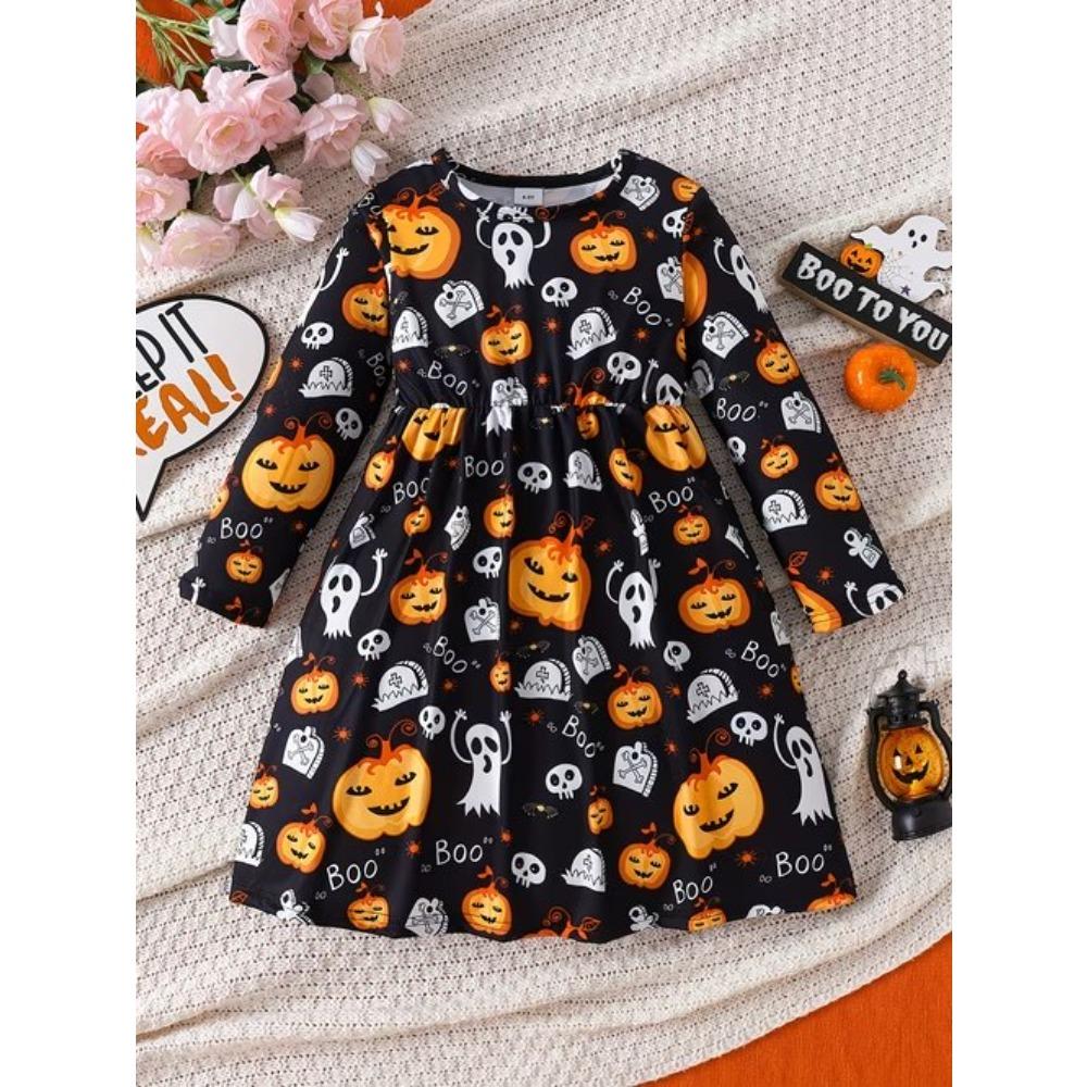 Mädchen Lässiges 3D Halloween Print Rundhals Langarm Kleid Kinder Prinzessinnenkleid