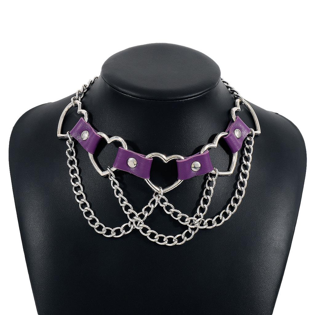 Women Hip Hop Punk Style Exaggerated Necklace Metal Texture PU Heart Jewelry Trendy Cool Personality Clavicle Necklace Jewelry
