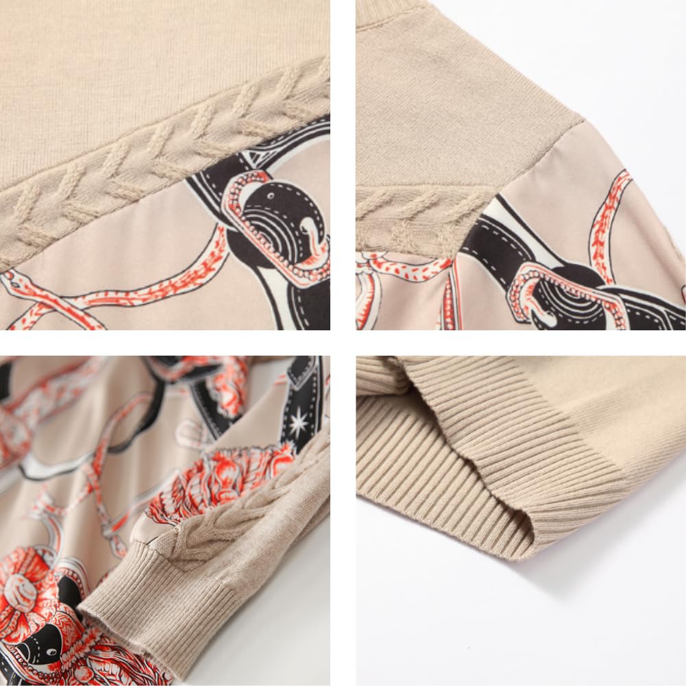 Scarf Print Knit Long Mixed Material Mock Loose Ribbed Knit Stylish and Perfect for the Dinner or Any Casual Slim Attractive Slim Slim Size M