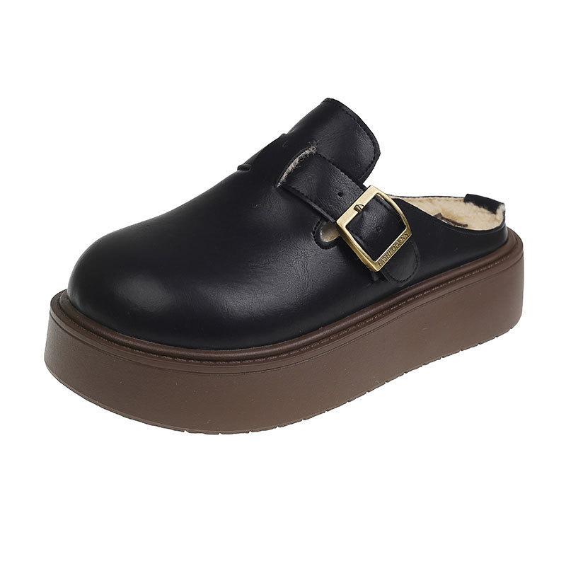 One-pedal Muller shoes velvet cotton drag lazy small leather shoes 2025 autumn and winter new thick-soled bag head half slippers women's models