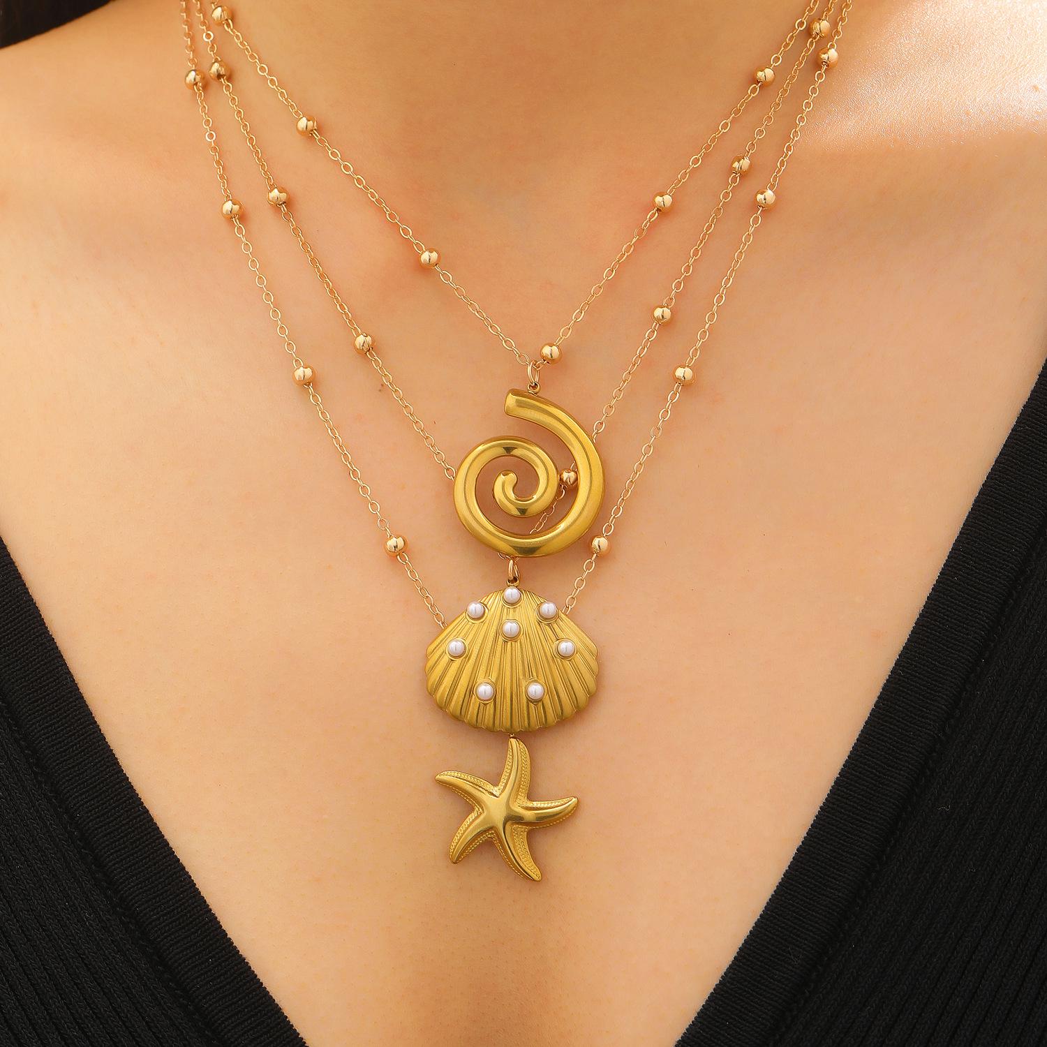 European & American Stainless Steel Ocean-Themed Starfish Shell Pearl Layered Women s Necklace