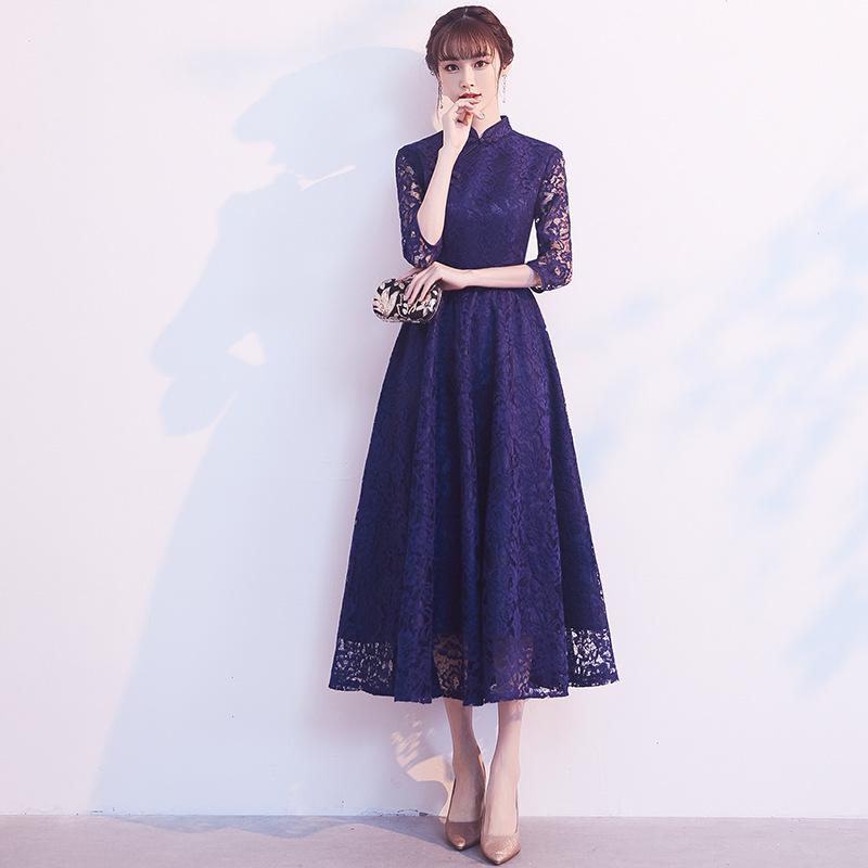 

European and American evening dresses, new models can be worn at ordinary times, temperament medium and long, party elegant lace dress XS