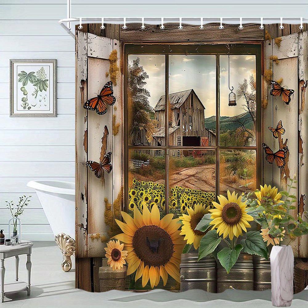 

Country Landscape Shower Curtain - Sunflower & Butterfly Farm Style, Window Pattern, Polyester Bathroom Decor, 12 Hooks W60H190(CM)-1 Pcs