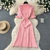 Summer Autumn Pink Button-Down Short Sleeve Short Knit Dress for Women Elegant Turn Down Collar Single-breasted Ruffles Slim Sweater Dresses