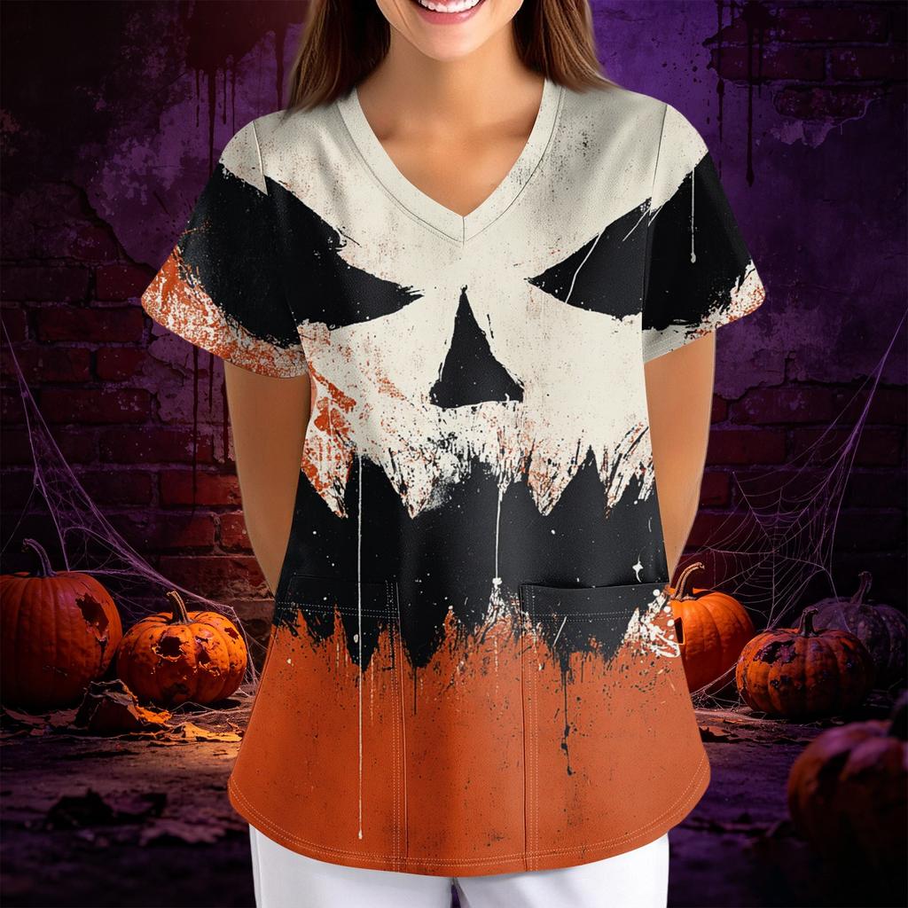 Women Halloween Print Loose Fit V Neck Short Sleeve Top with Pocket Comfortable Fabric for Work or Casual Wear
