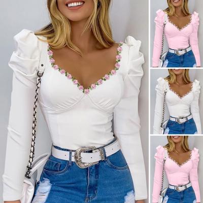 Camiseta de manga larga abombada con cuello cuadrado para mujer, camiseta ajustada de Color sólido con decoración floral