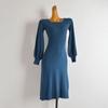 French Simplicity New Arrival Square Collar Lantern Sleeve Knitting Dress Women's Clothing Fall Slim Fit Slim Looking Sheath A- Line Skirt