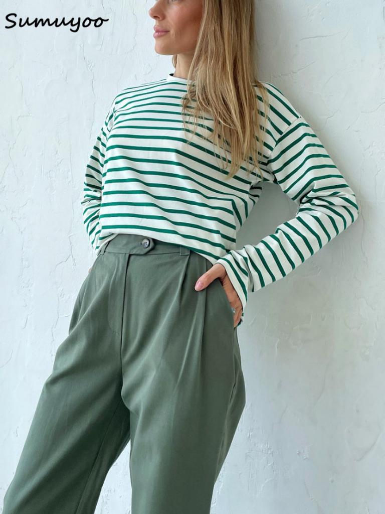 Sumuyoo 2024 Summer Long Sleeve Striped T-Shirts Women Basic Casual Tops Female Cozy Loose Cotton Tees Harajuku T Shirt New
