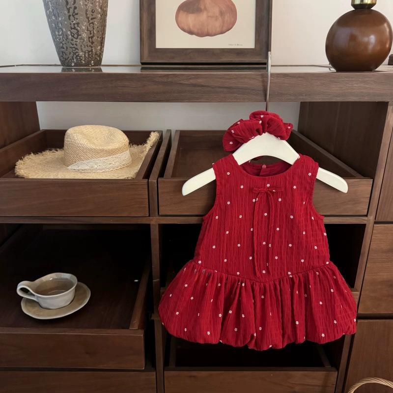Infant Girls Sweet Red Lovely Princess Sleeveless Vest Dress Cute Flower Waist Summer Holiday Birthday Party Skirt