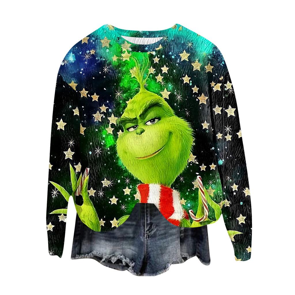 Women's Fashion Round Neck Pullover Top Long Sleeve Tee Christmas Printed Sweatshirt