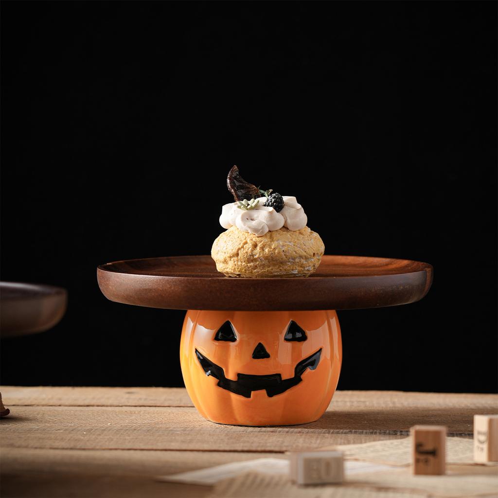 Halloween Pumpkin Wooden Serving Tray – Wooden Dessert and Bread Display Stand for Holiday Party Décor