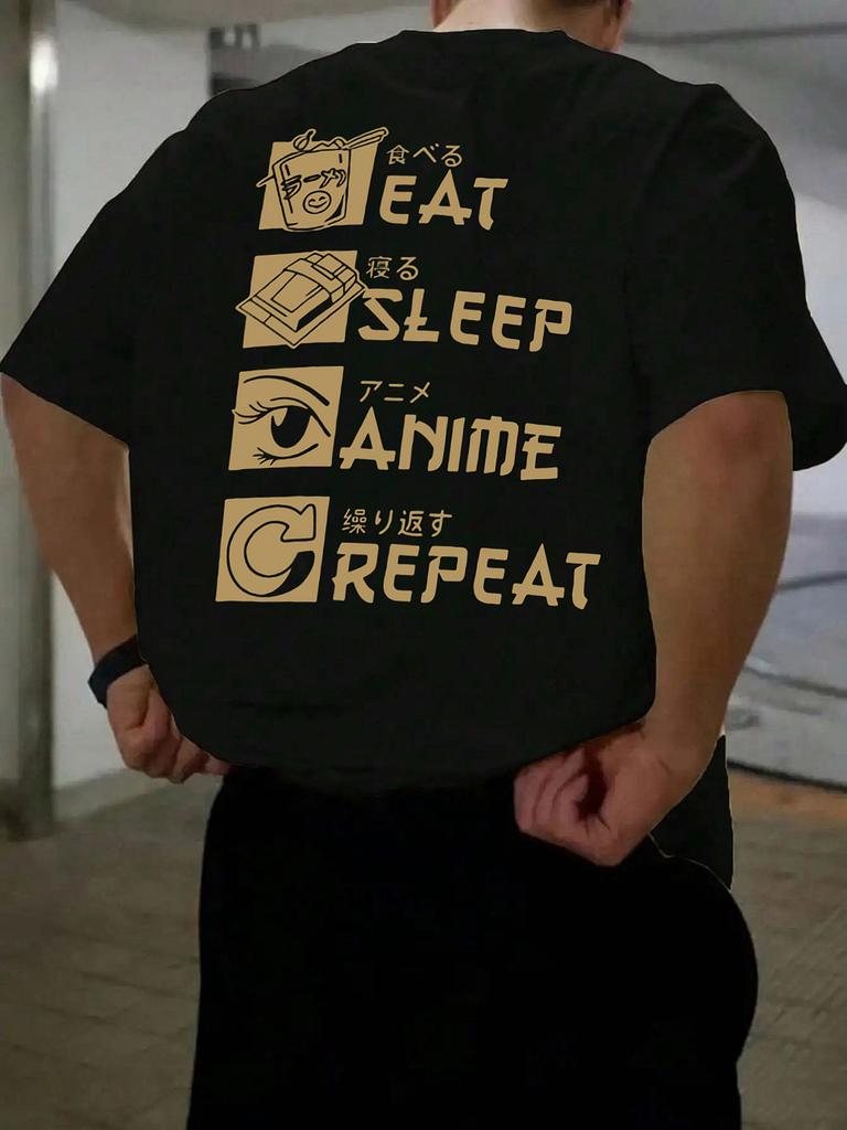Men's Anime Graphic T-Shirt - Japanese Text & Eat Sleep Anime Repeat Design Casual Round Neck
