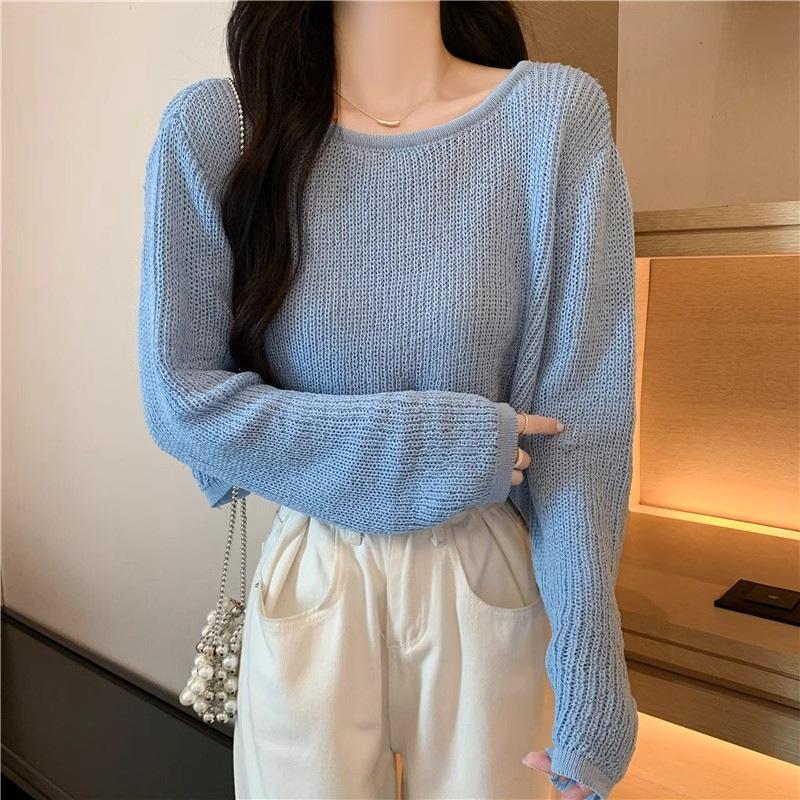 Summer thin new INS hollow ice silk long sleeved knitted sweater for womenShort exterior pullover sunscreen cover shirttops