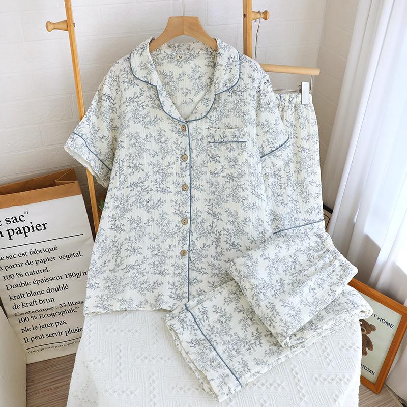 Pajamas women's spring and summer new pure cotton floral short-sleeved cardigan set Korean sweet lapel double-layer yarn loungewear