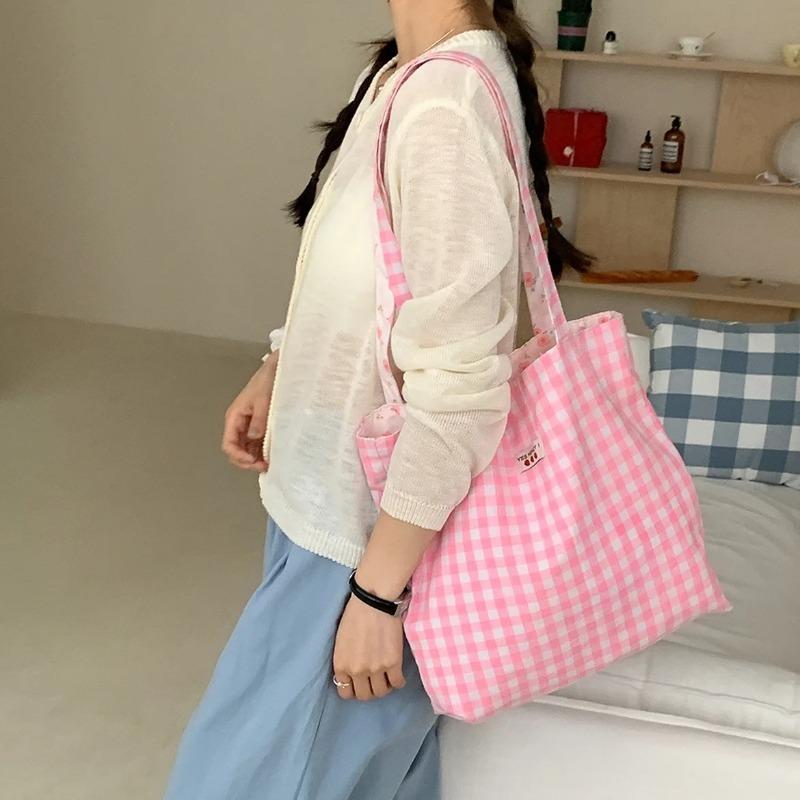 Sweet Plaid Floral Double Sided Women's Shoulder Bag Large Capacity Female Shopping Bags Casual Flower Ladies Tote Handbags