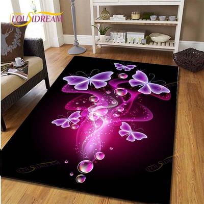Gorgeous Purple Flower Printed Carpet Modern Butterfly Carpet for Living Room Bedroom Bedside Geometric Rug Hallway Non-Slip Rug