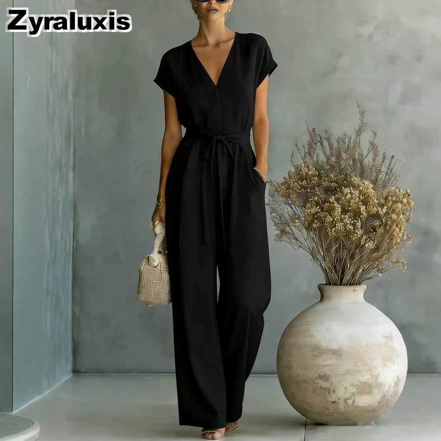 New Women's Summer Office V-Neck Waist Belt Bodysuit
