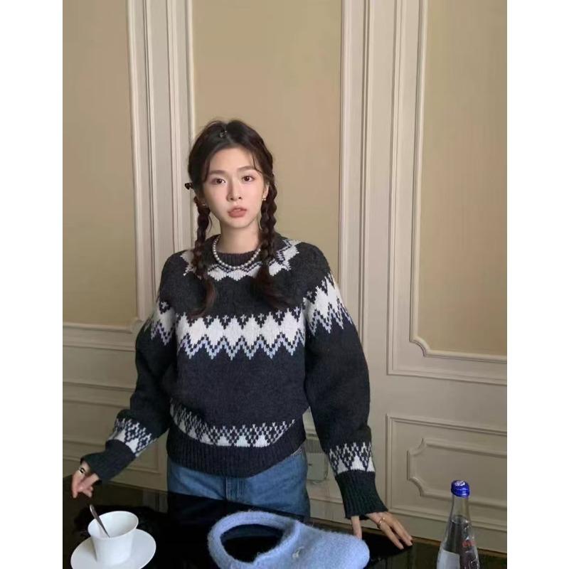 

Пуловер с круглым вырезом, свитер-жакет Fair Isle, женский, новый, осенне-зимний, высококачественный, рождественский вязаный топ 60/65kg/XL серый