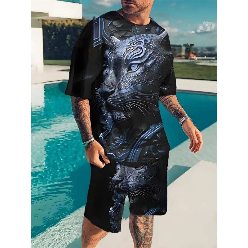 Modisches Löwen Tiger Tier Grafik T-Shirt Shorts Set Sommer Kurzarm Oberteil Kordelzug Shorts 2-teiliges Set Herren Sportbekleidung Anzug