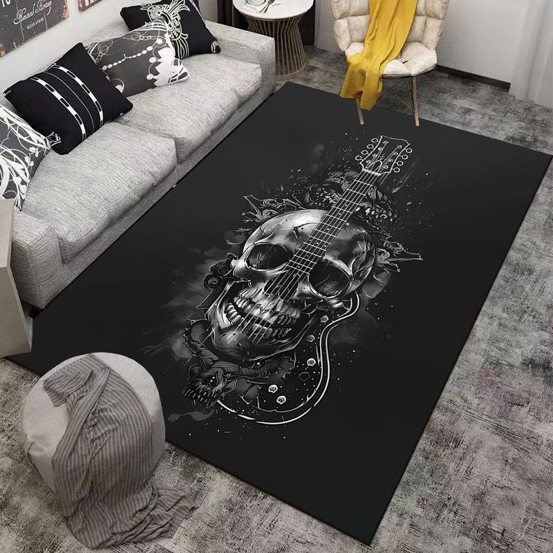 Guitar Design Black Carpet with Skull Patterns for Music Lovers Decor Suitable for Use As an Anti-slip for Living Room Bedroom Sofas