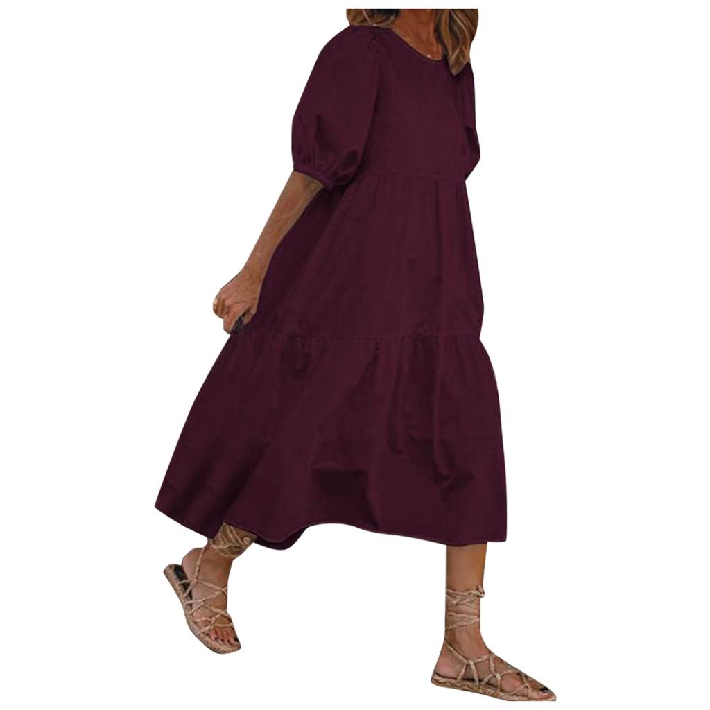 Women's Summer Casual Solid Color Puff Short-sleeve O-neck Big Swing Shirring Stitching Cotton Linen Dress