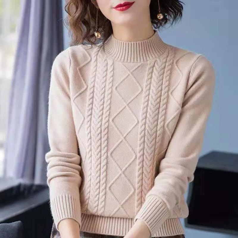 Autumn Winter Women's Loose Fit Cable Knit Half Turtleneck Sweater Thick Solid Color Knitted Base Shirt