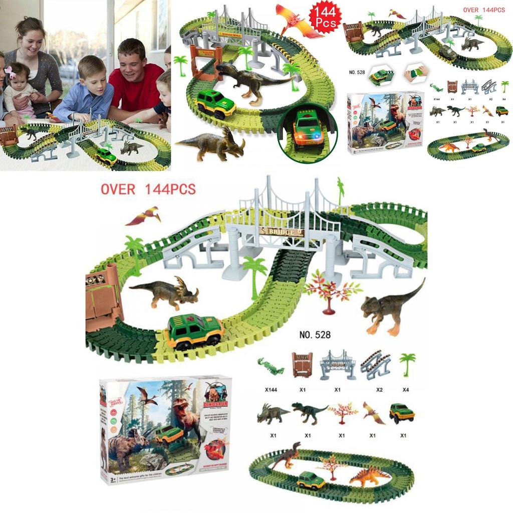 Explore The 144pcs Dinosaur Dino World Kid Flexible Race Car Track Play Set