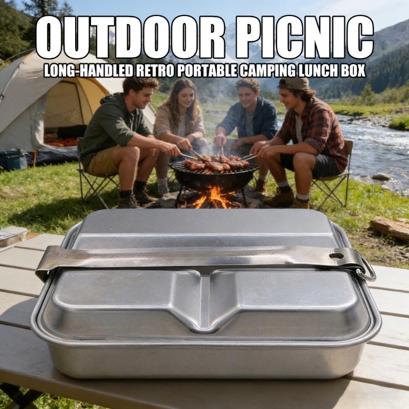 Retro Aluminium Camping-Lebensmittelbehälterbox mit Wärmespeicherfunktion, ideal zum Wandern und Reisen, geräumiges Fach