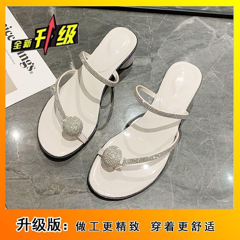 

Summer 2025 new French high-end rhinestone cover toe sandals women s niche outer wear medium heel thick heel cool slippers 40