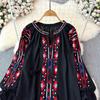 Summer Vintage Women Blouse Embroidered Puff Sleeve Color Block Ethnic Style Camisa Feminina Casual Tops