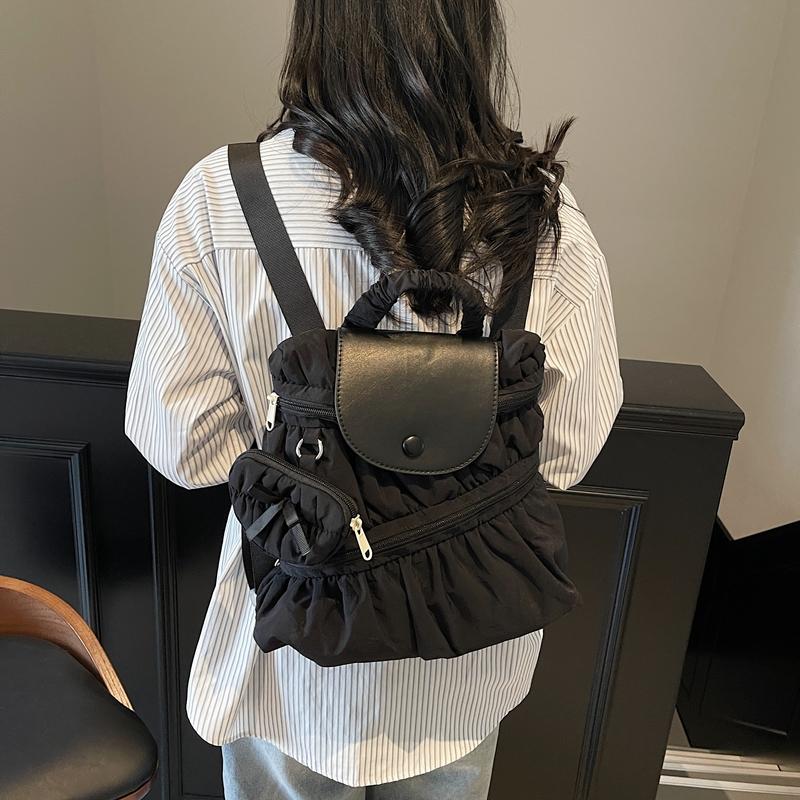 Solid Color Backpack Women's Pleated Handbag with Coin Purse