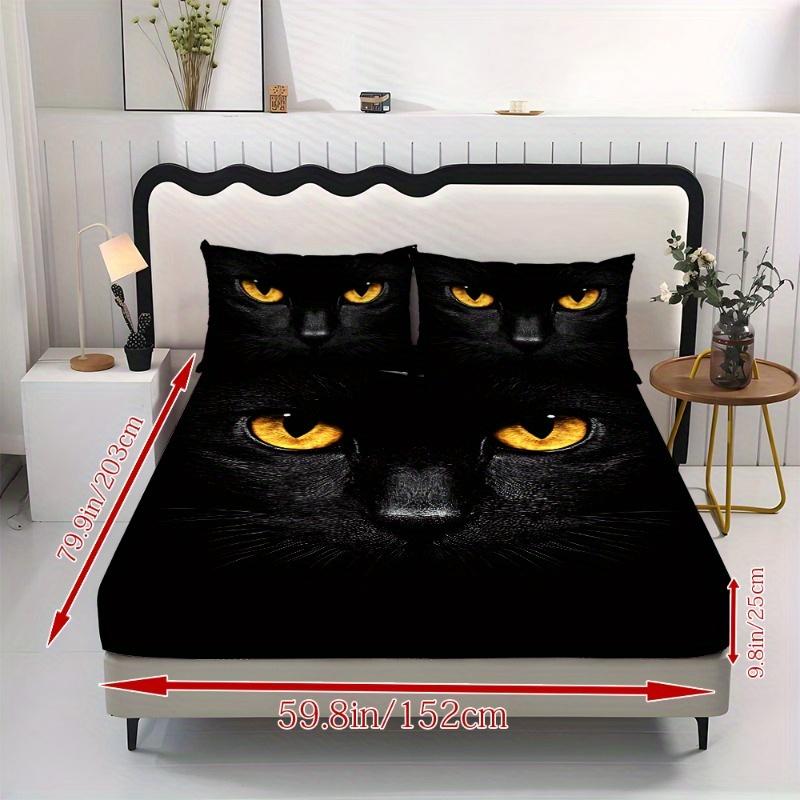 1pc Fitted Sheet Black Cat Printed 100% Polyester Breathable Bedding Set for Home Bedroom Decor Without Pillowcase