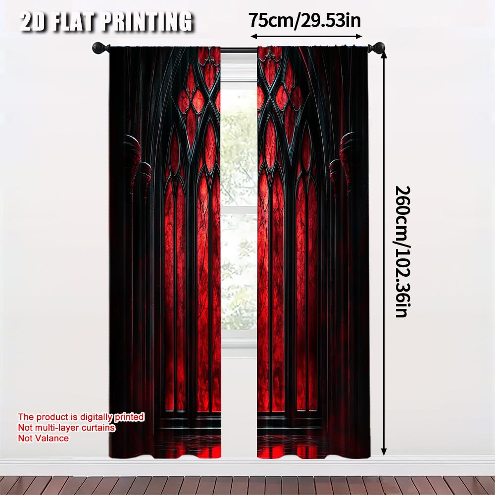 2 pezzi, Pannelli per tende popolari Stampa 2D Arco gotico Nero e rosso Poliestere resistente (senza asta) Svuota cose per vivere