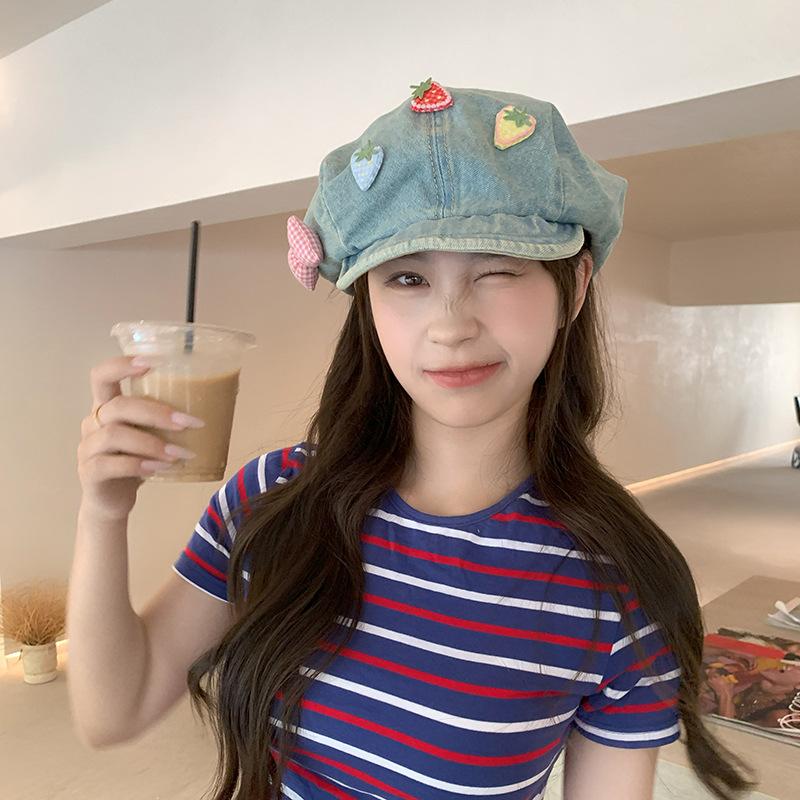 Women's Summer Thin Niche Design Japanese Sweet Bow Strawberry Star Anise Beret Face Small Cloud Painter Hat