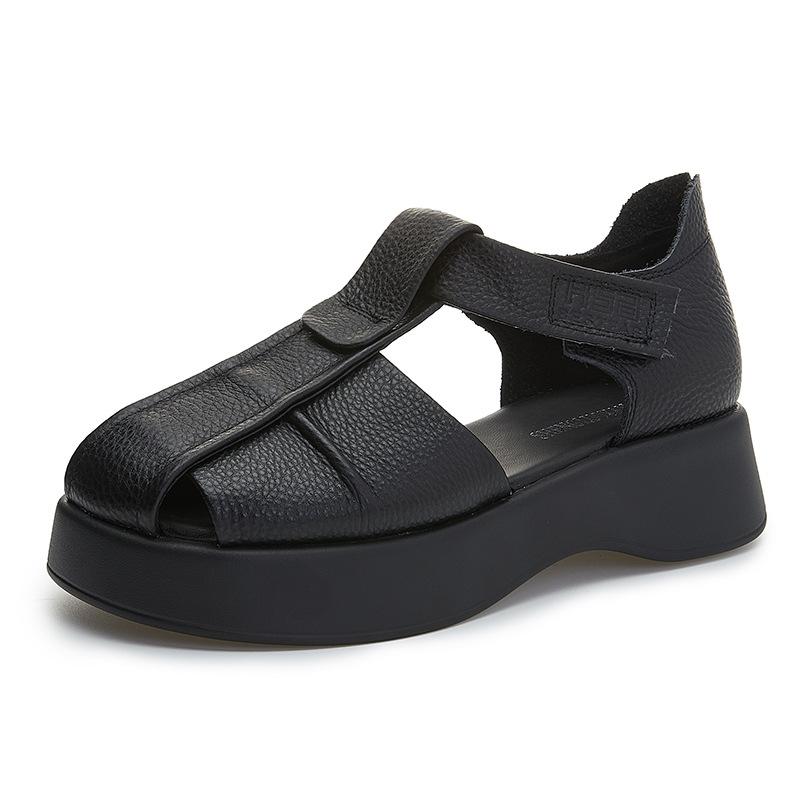 2025 summer new wear-resistant first-layer leather casual sandals women's tide European station platform sports Roman sandals women